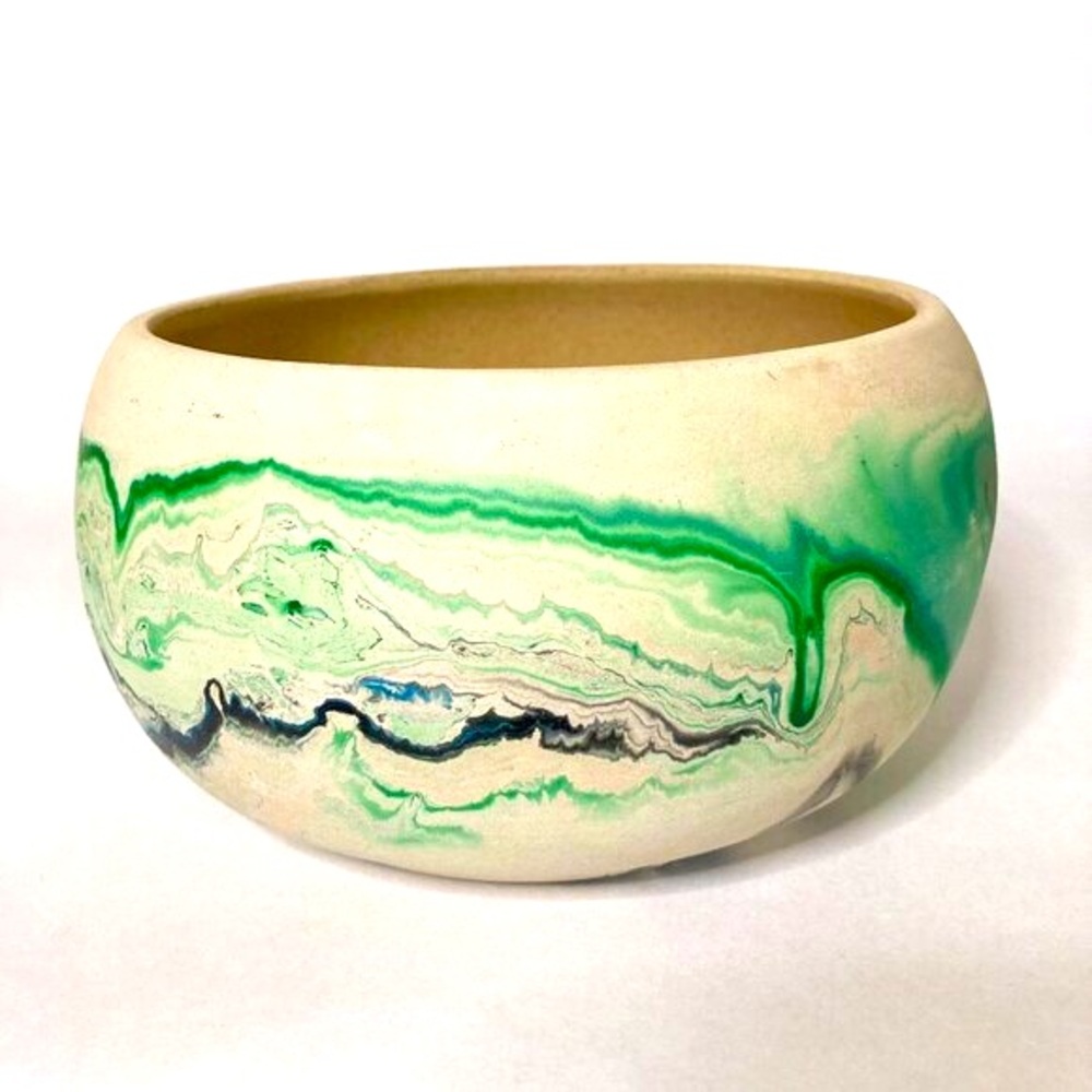 Nemadji Pottery Clay Bowl Green Black Earthtone Swirls